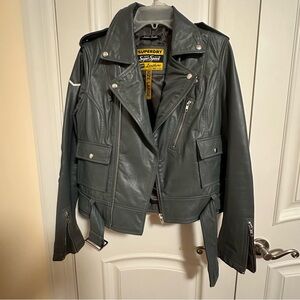 Brand new Superdry women premium brittle biker dusk grey jacket size L
